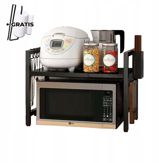 SogesHome 172-BK-SH, Keukenrek, bakkersrek, opbergrek met kleine haken, magnetronhouder, staand rek, 90 x 42 x 133 cm