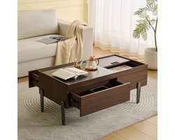 Pugsdrly Moderne salontafel met lades en glazen blad – donkerbruin houtdesign, houtnerf in marmerlook, metalen poten en veel opbergruimte voor de woonkamer