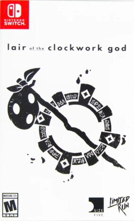 Nintendo Switch spel 'Lair of the Clockwork God'. Zwart-wit logo met een figuur binnen een tandwiel.