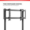 Zwarte monitorstandaard met twee verstelbare hoogtes.