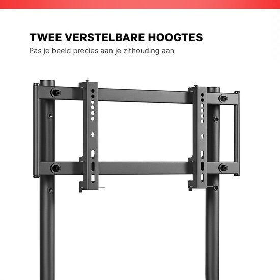 Zwarte monitorstandaard met twee verstelbare hoogtes.