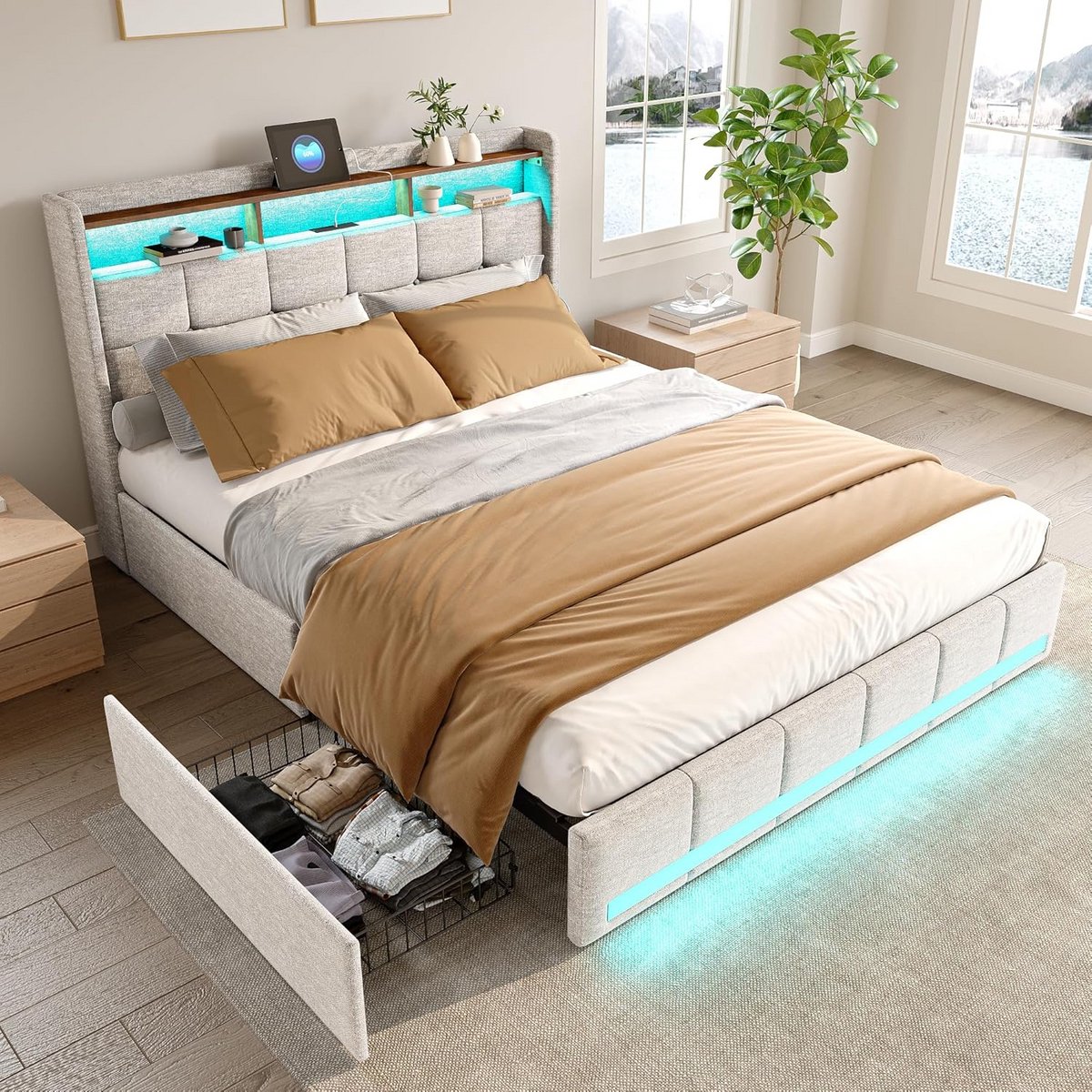 Tweepersoons Bedframe 180x200 met Opbergruimte, Hoofdeinde en LED Verlichting