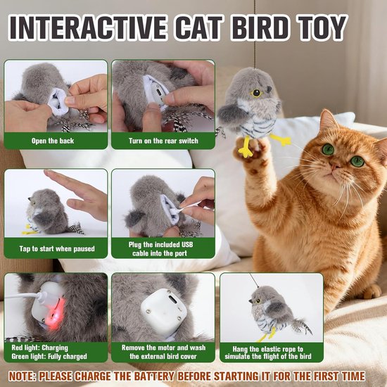 Grijze pluche vogel met gele pootjes. Instructies voor opladen en bediening. Kat speelt ermee.