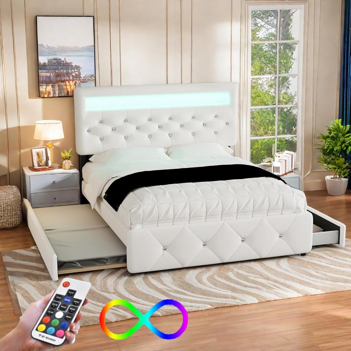 Gestoffeerd Tweepersoonsbed 140x200 met LED Verlichting, Opbergruimte en Uitschuifbed - Beige