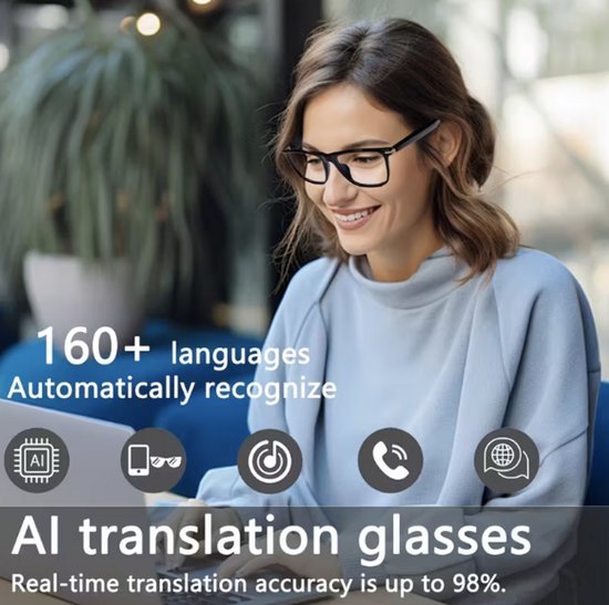 AI Translator Smart Glasses – Real-Time Vertaalbril met Spraakherkenning in 160+ Talen – Bluetooth – Discreet & Draadloos – Voor Reizen, Zakelijk, Studie & Social Talk – Stijlvolle Slimme Bril in Zwart | House of Discovery