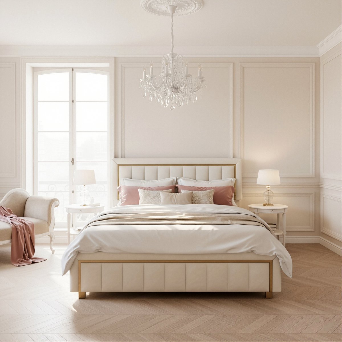 ADFBL Ottomaans Bed 140x200 cm Beige - Fluweel Bed met Opbergruimte & Gouden Rand | Art Deco Hotel Chique