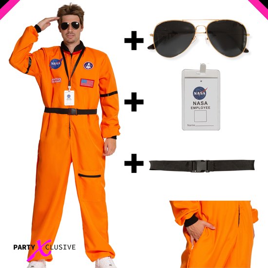 Partyxclusive 4-Delig Oranje Astronauten Kostuum Jumpsuit/ Riem/ Keycord met NASA Badge/Bril kostuum voor heren Carnavalskleding Heren Carnaval - Polyester - Oranje - Jumpsuit met Riem - M