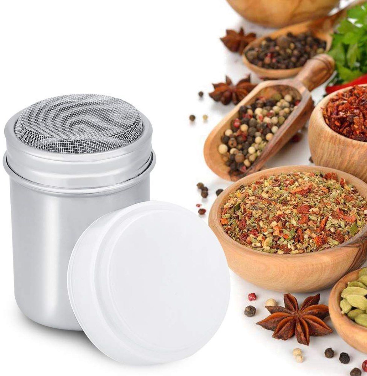 Roestvrij staal Poeder Shaker Koffie Suiker Cacao Peper Dredges met Fijn Mesh Deksel voor Bakken Koken (S)
