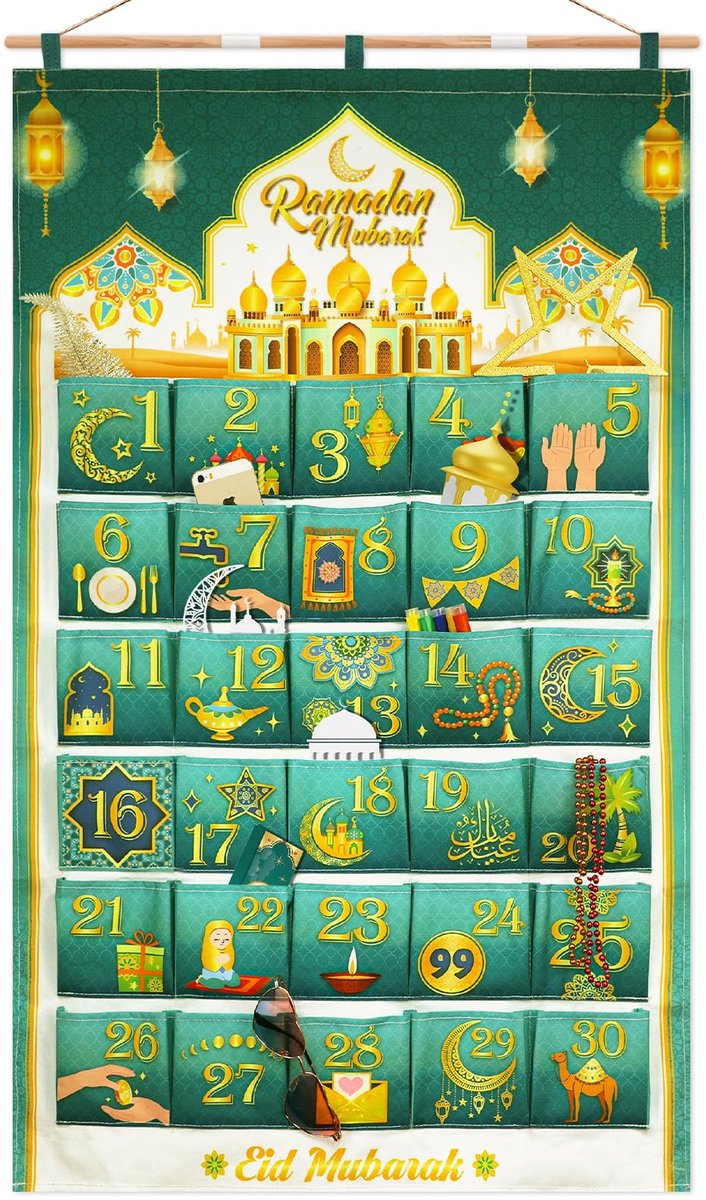 Ramadan-kalender met zakken, herbruikbare stof, Ramadan, adventskalender, leeg om te vullen, hangend voor muur, thuis, Ramadan, aftelkalender voor Ramadan, voor geschenken, Ramadan, groen goud