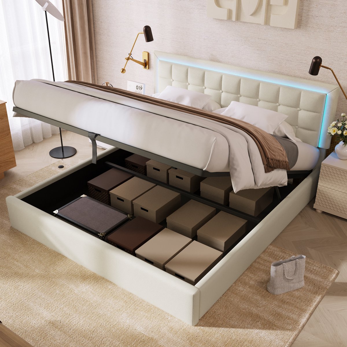 MODFU Wit PU leren tweepersoonsbed 160×200 cm met lattenbodem, opbergruimte, LED-strip en functioneel design, inclusief matras