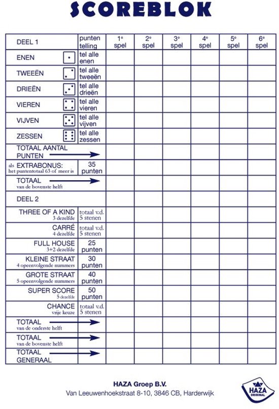 Scoreblok Yahtzee - 250 vel