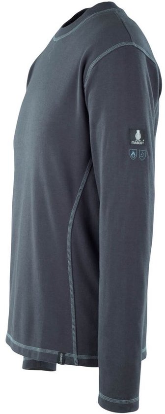 Donkerblauw werkshirt met lichtblauwe stiksels. Mascot logo op de linkermouw.