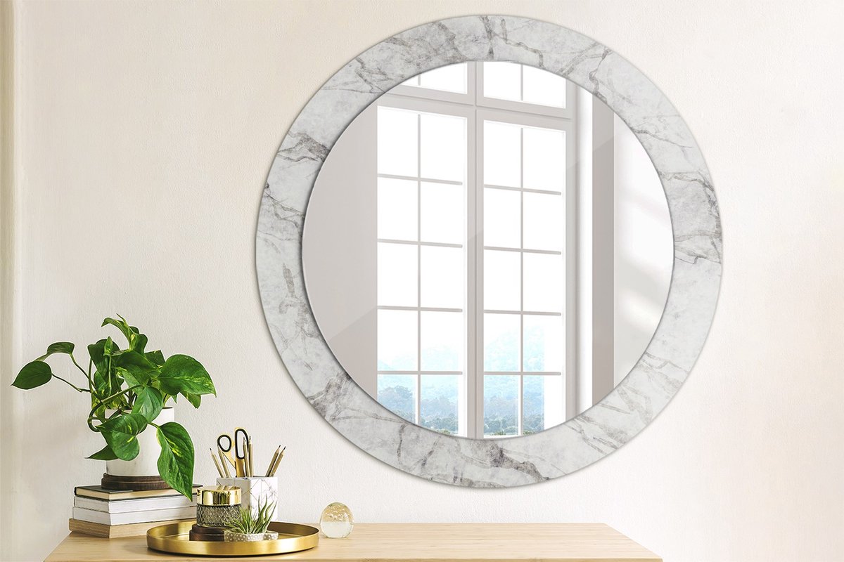 Coloray Bedrukte Spiegel - Wit marmer Wandspiegel Met Print - 70 cm - Grijs Bedrukte Spiegel - Wandspiegel Met Print - Wandspiegel Decoratieve Print - Bedrukte Spiegel
