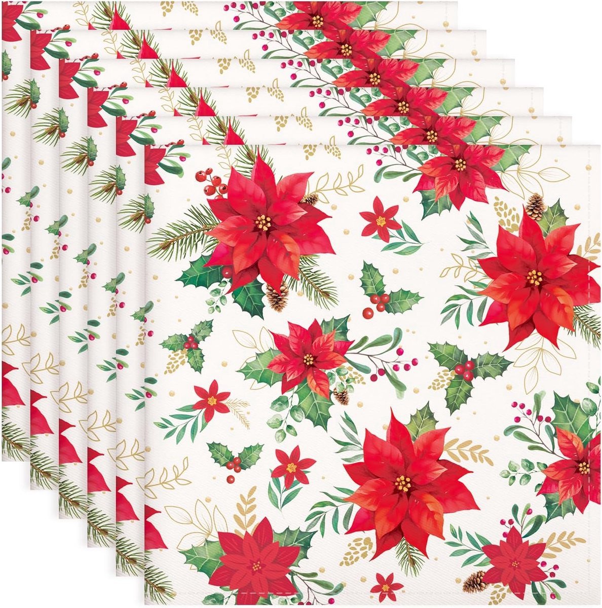 Stunq® Set van 6 Luxe Katoenen Servetten met Kerstbloemenontwerp voor Feestelijke Tafeldecoratie