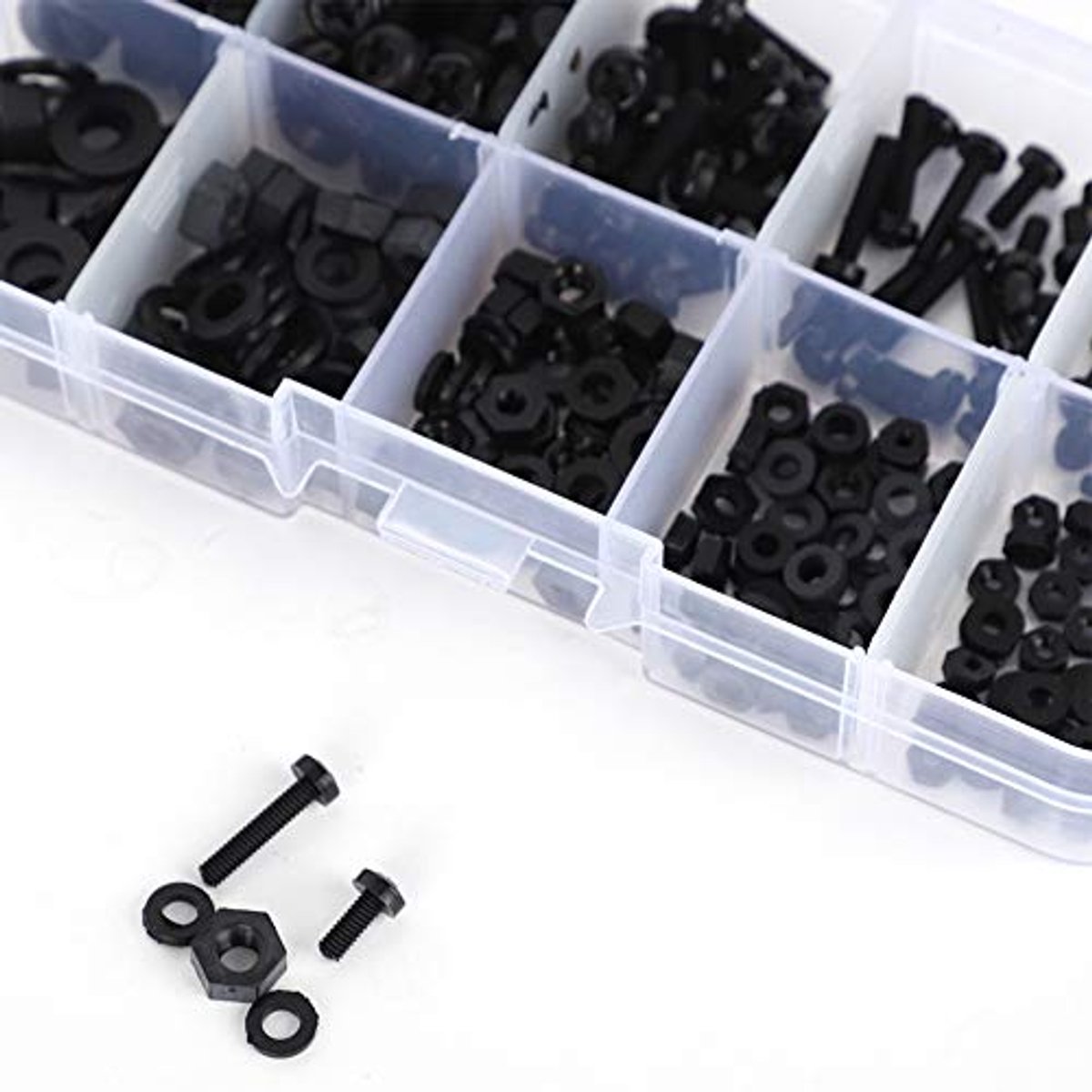 270 stuks nylon schroefmoerset, M2/M2,5/M3/M4/M5, nylon zeskantmoerkit, schroefmoer-sluitringen, hardware-bevestigingselementen voor zwart