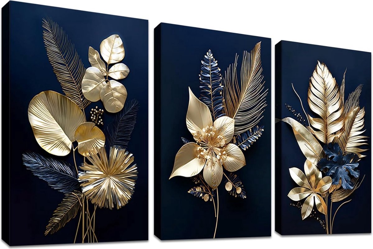 Stunq® 3 panelen 3D marineblauw gouden bloemen met lijst canvas foto's Monstera kokosnoot bladeren foto op canvas schilderij poster wandafbeeldingen woonkamer slaapkamer badkamer wanddecoratie 90 x 40 cm (12