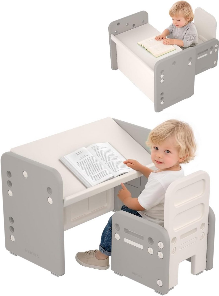 In Hoogte Verstelbare Kindertafel en Stoel Set voor Lezen, Tekenen en Eten, Grijs