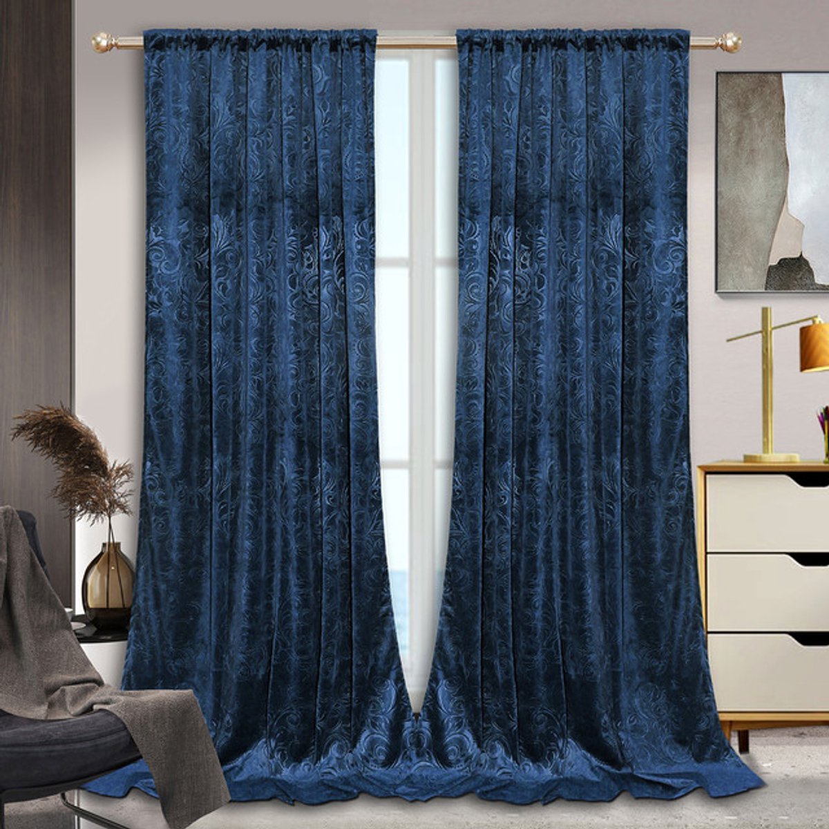 MUPOO Kant-en-Klaar Velours Gordijnen – 2 Stuks Luxe Crushed Velvet met Damastdesign – Verduisterend & Warmtewerend, Superzacht en Dikker – Rod Pocket & Back Tab – Ideaal voor Woonkamer/Slaapkamer – Donkerblauw 132cm×260cm Bruin