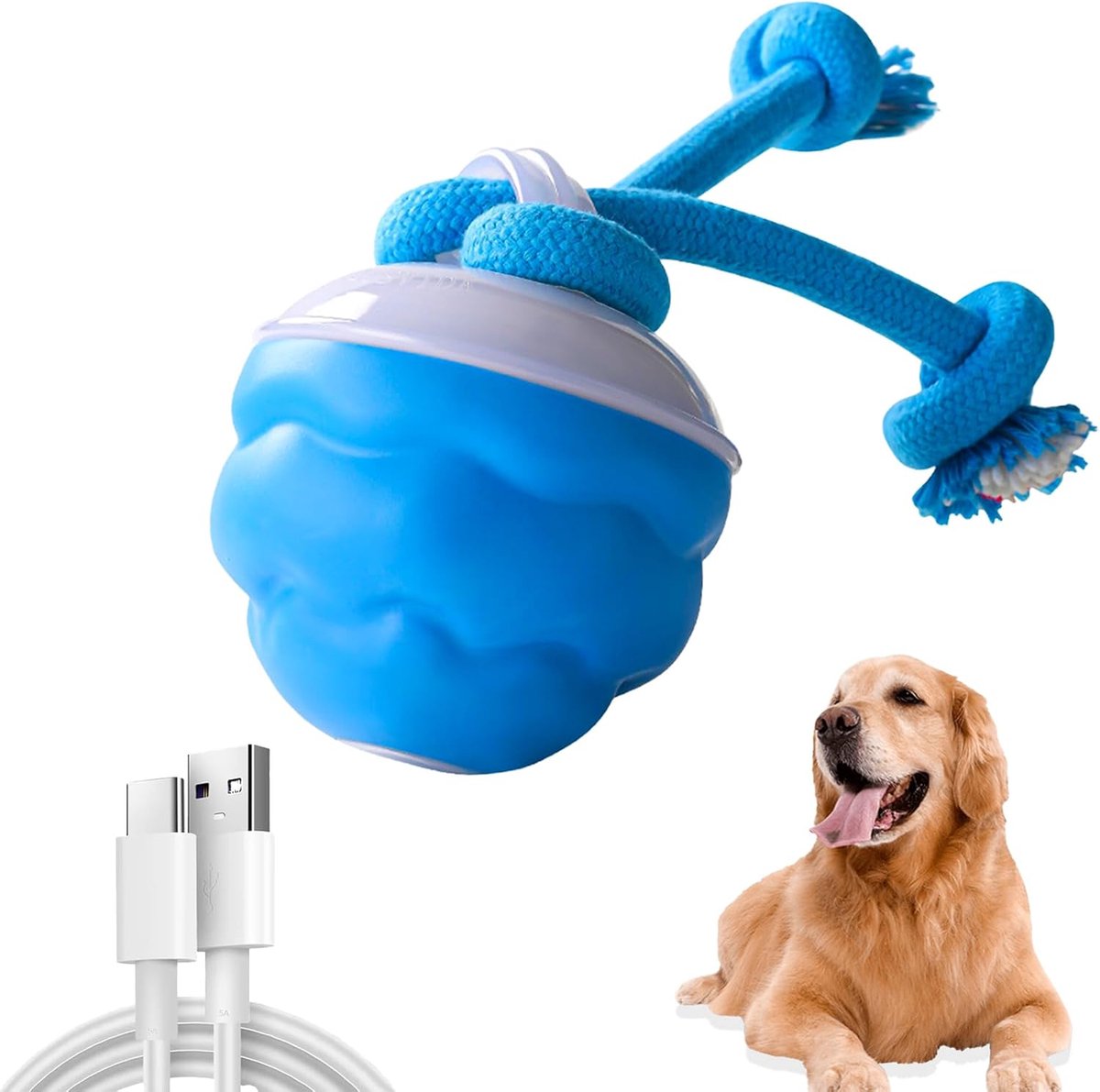 Ynkkvre - Hondenspeelgoed – Pet Ball – Bal met touw – Spin hondenspeelgoed – Automatisch rollend – Sterk – 3 intelligente LED-modus – Tandhygiëne textuur – Waterdicht TPU-materiaal – Geschikt alle hondenrassen