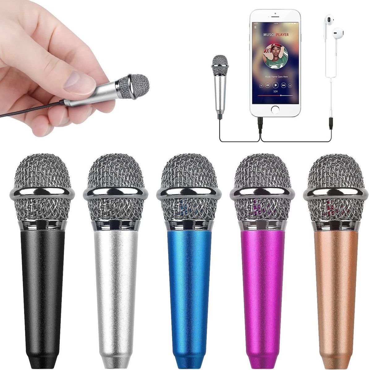 Daity 5-delige draagbare minimicrofoon voor spraak- en video-opnames, zang, vlogs en podcasts; compatibel met iPhone, Android-telefoons, computers, laptops, tablets en iPads (5,8*1,8 cm)