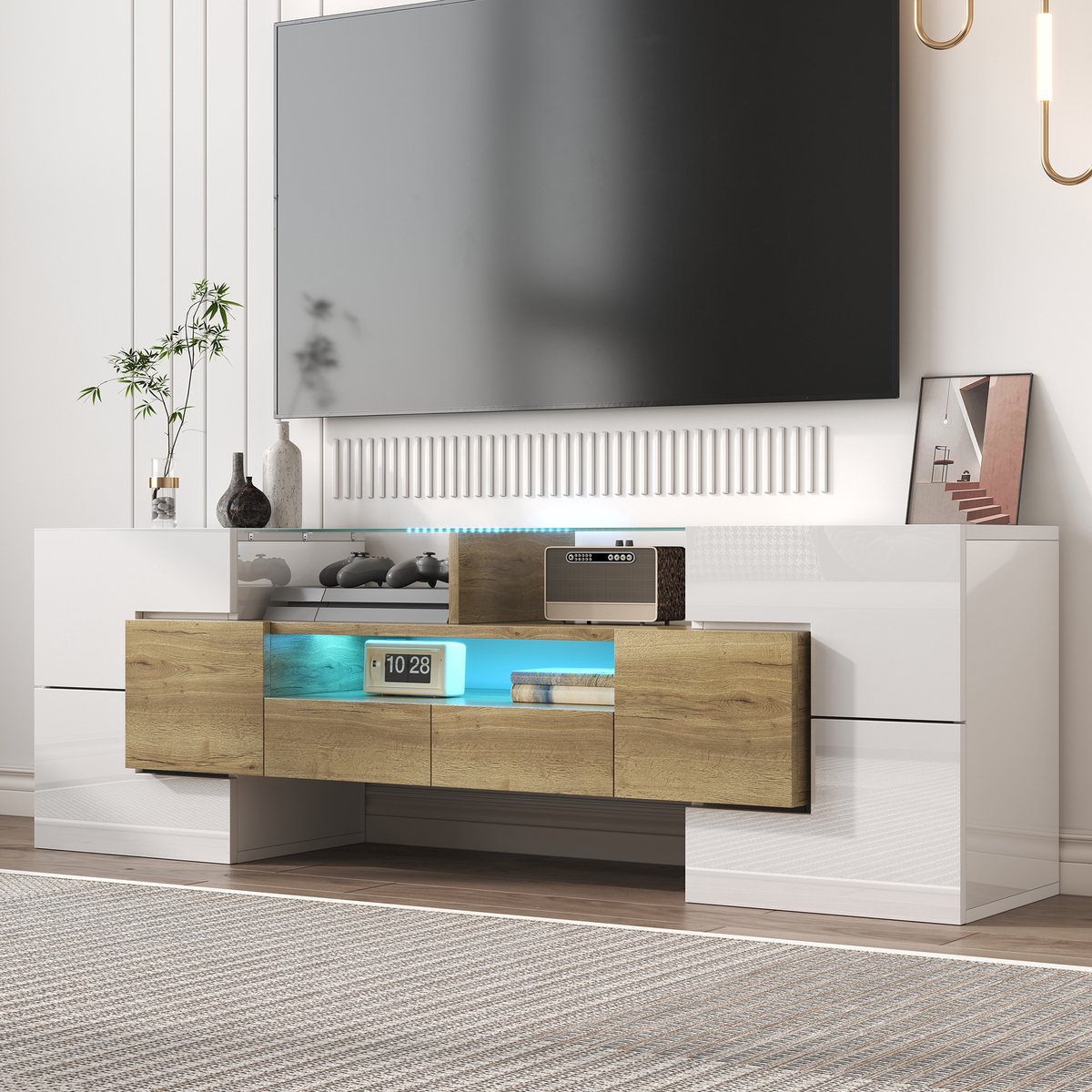 REDOM TV-meubel 145 L x 30 B x 51H(cm), hoogglans MDF-hout, wit en goud, met LED-verlichting en veel opbergruimte