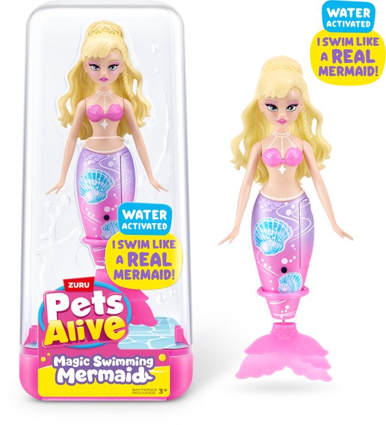 Zuru Pets Alive zwemmende zeemeermin met blonde haren, roze top, paarse staart met schelpenpatroon, in verpakking.