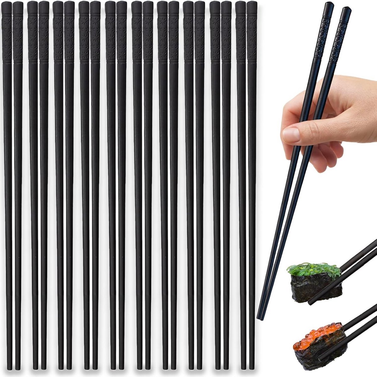 Set van 10 Zwarte Eetstokjes (24 cm) - Antislip & Vaatwasmachinebestendig voor Sushi en Aziatische Keuken