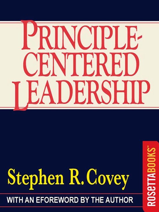Boek met de titel "Principle-Centered Leadership" in rode letters op een crème achtergrond. Onderaan staat "Stephen R. Covey" in gele letters.