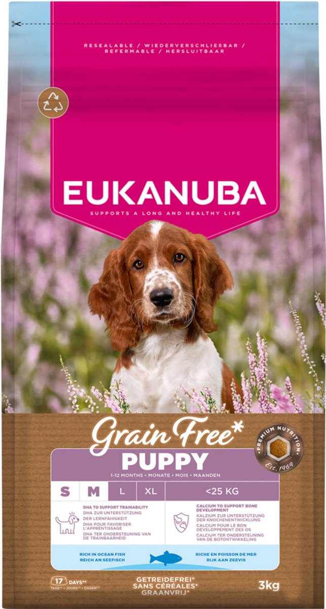 Eukanuba Hondenvoer Droog Grain Free Puppy Small/Medium Oceaanvis - 3 x 3 kg - Voordeelverpakking