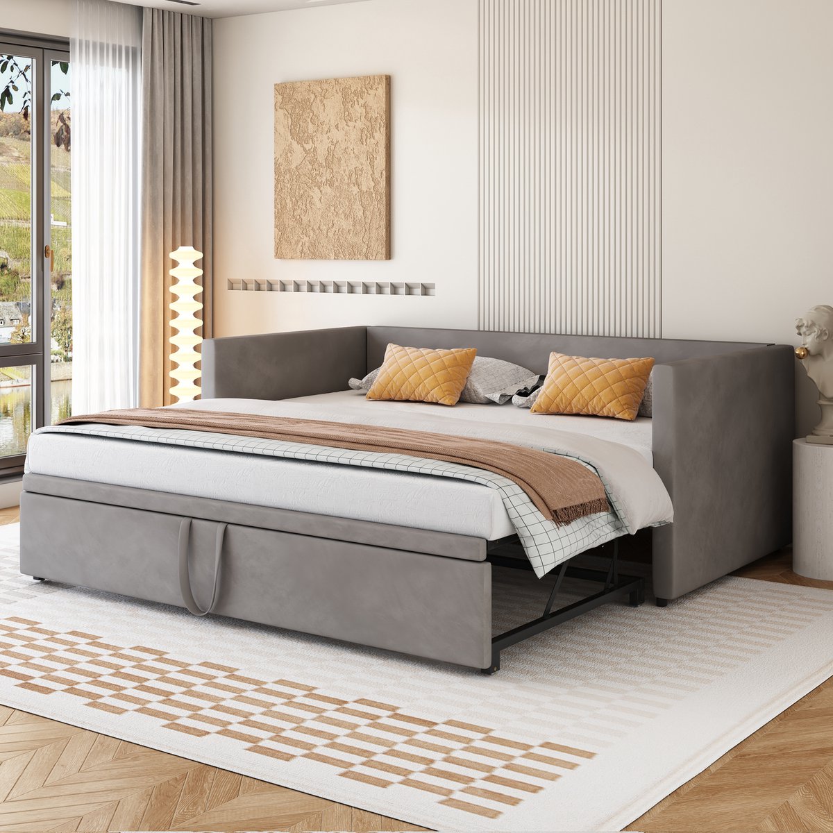 STILVORA Logeerbed 90/180x200 cm - Praktisch Tweepersoons Uitklapbed - Gewatteerd Bed - Fluweel - Grijs
