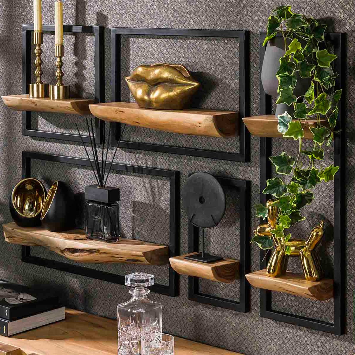 Set Van 5 Massief Acacia Wandplanken - Erica - Emob - Wandrek - Bruin - Hout; Metaal