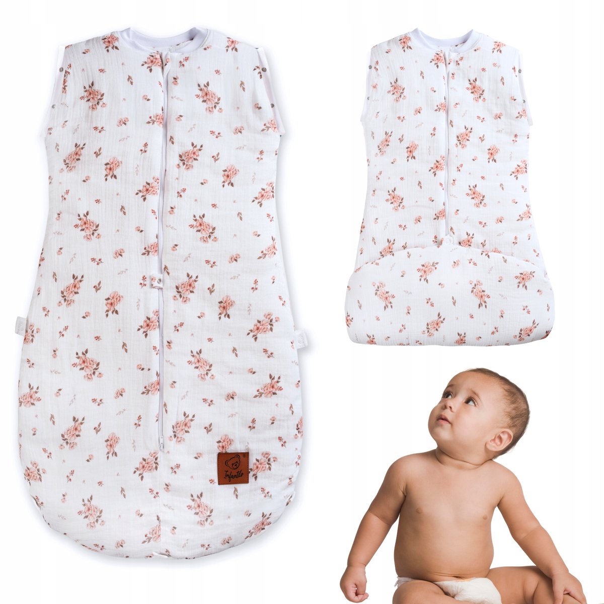 Mousseline babyslaapzak, zomer, 1 TOG, 0-18 maanden, Kleine bloemen