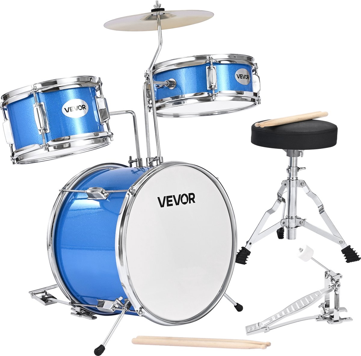 VEVOR Drumset 3-Delig Drumstel voor Kinderen met 14-Inch (35,6 Cm) Bastrommel Blauw