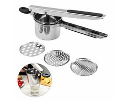 Stainless Steel Potato Masher, Garlic Press, Pastapers with 3 Interchangeable Strains, Multifunctional Hand Juicer, Puree Tool for Potatoes, Taro, Cheese, Pasta, Juice, Dishwasher Safe