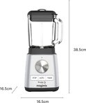 Zilverkleurige Magimix Blender 3 met glazen kan, afmetingen 38.5cm hoog, 16.5cm breed en 16.5cm diep.