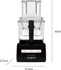 Zwarte Magimix keukenmachine met afmetingen 27,2cm x 21,3cm x 45cm.