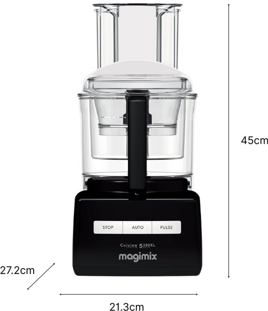 Zwarte Magimix keukenmachine met afmetingen 27,2cm x 21,3cm x 45cm.