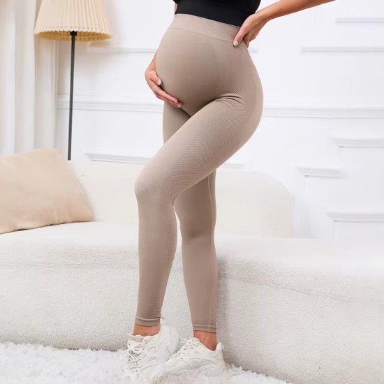 Leggings de grossesse sans coutures / Pantalons de grossesse - Vêtements de grossesse - Beige foncé / Marron - Comfort et maintien à partir du 2e trimestre - Taille M/L (taille petit) - Taille haute