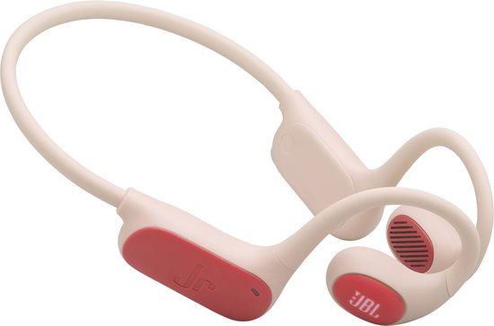 Casque sans fil JBL Junior Free orange et pêche avec des crochets d'oreille et logo 'Jr'.