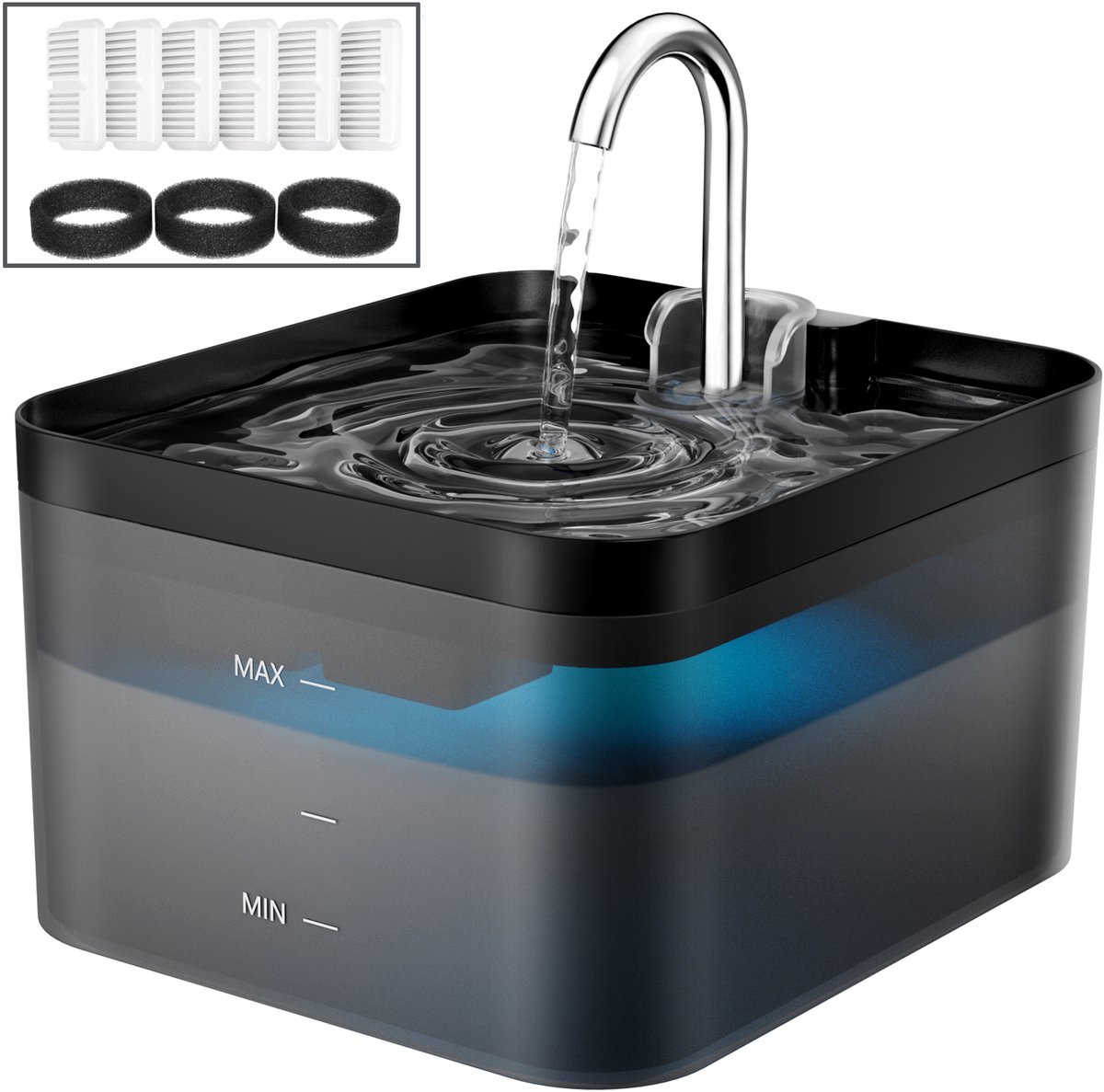 PAWPOLL Drinkfontein - 2.2 L - Waterfontein voor Hond en Kat - Incl. 6 Filters en 6 Sponzen - Dieren Drinkbak - Fluisterstil - Kattenfontein - Zwart