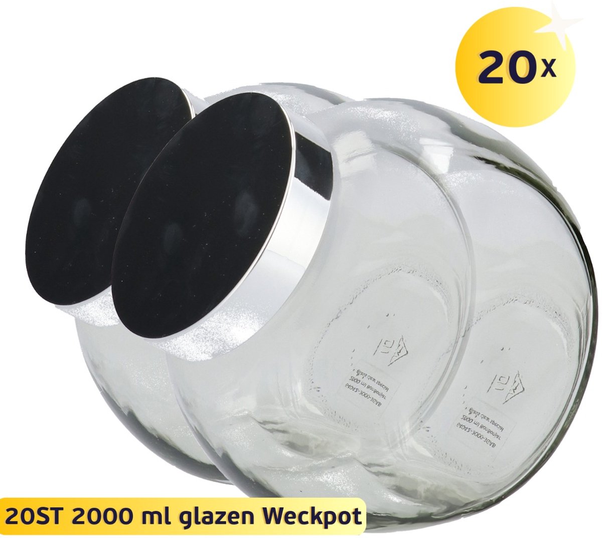 20x Snoeppot Glas met Deksel 2000 ml - Transparant en Zilveren Deksel - Voorraadpotten, Glazen Snoep Poten met Deksel - Robuust - Hervulbaar - 20 Potten