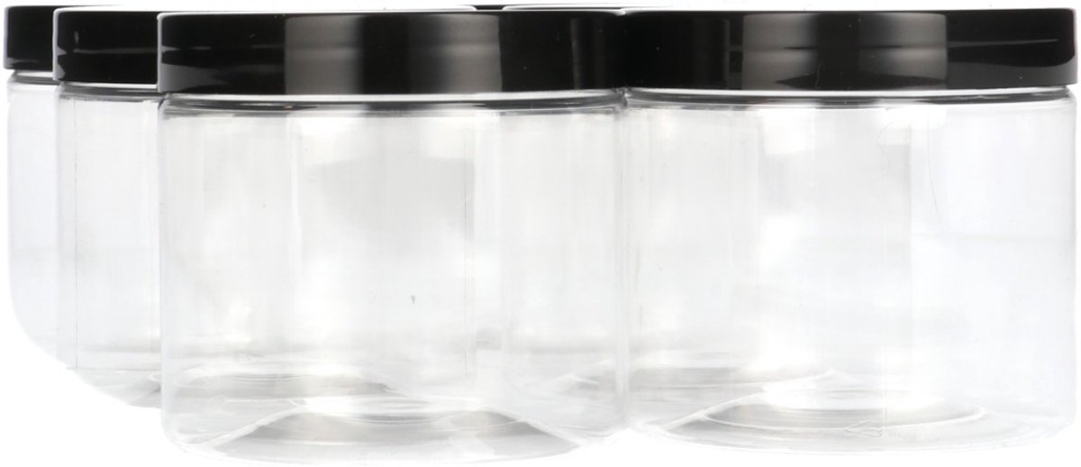 6 x Ronde Pot 200ml PET Kunststof - Transparant met Schroefdeksel Zwart- PET Kunststof BPA-vrij - Plastic Verzamel potten Navulbaar - Met Dop - Lege Potten - 6 stuks