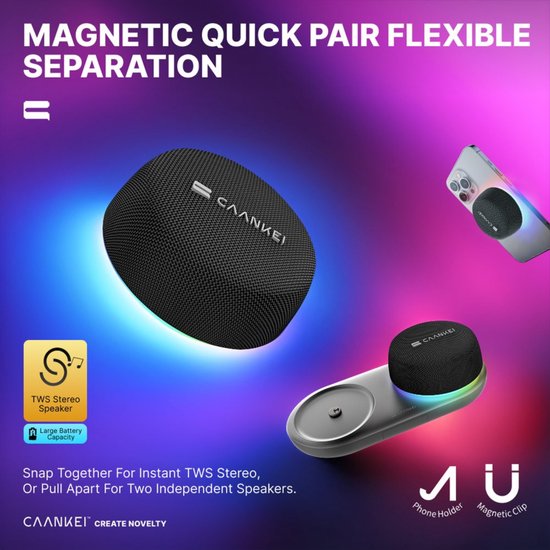 Caankei Draadloze Bluetooth Speaker - Speaker met RGB licht - Stereogeluid - met Magneet - Met Telefoonhouder van Merkloos — afbeelding 3
