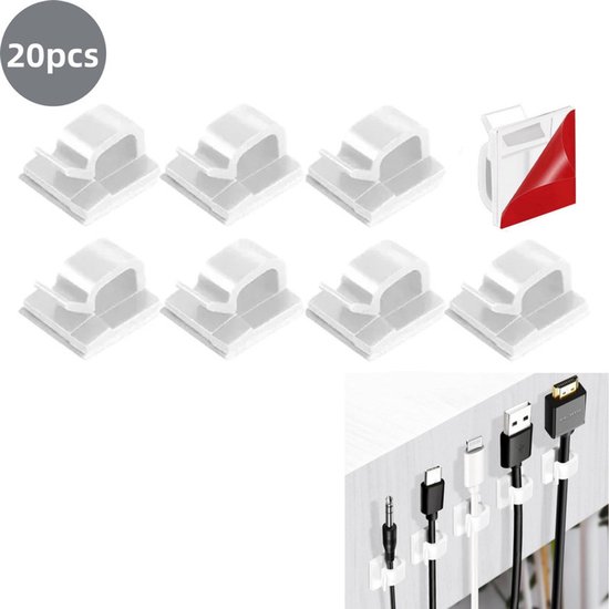 Lot de 20 Clips de câble -câbles autocollants Wit de 13,6 x 14,2 x 8,8 mm. Adaptés aux voitures, bureaux et maisons.