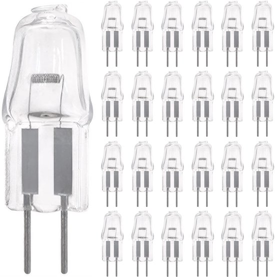 Een G4 halogeenlamp naast een rij van twintig identieke G4 halogeenlampen.