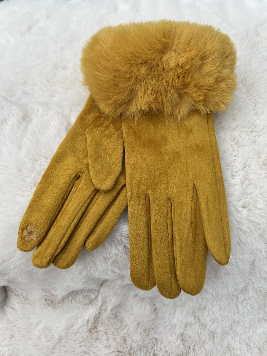 Handschoenen Dames Geel met nepbont decoratie - Warm - One Size Trendy