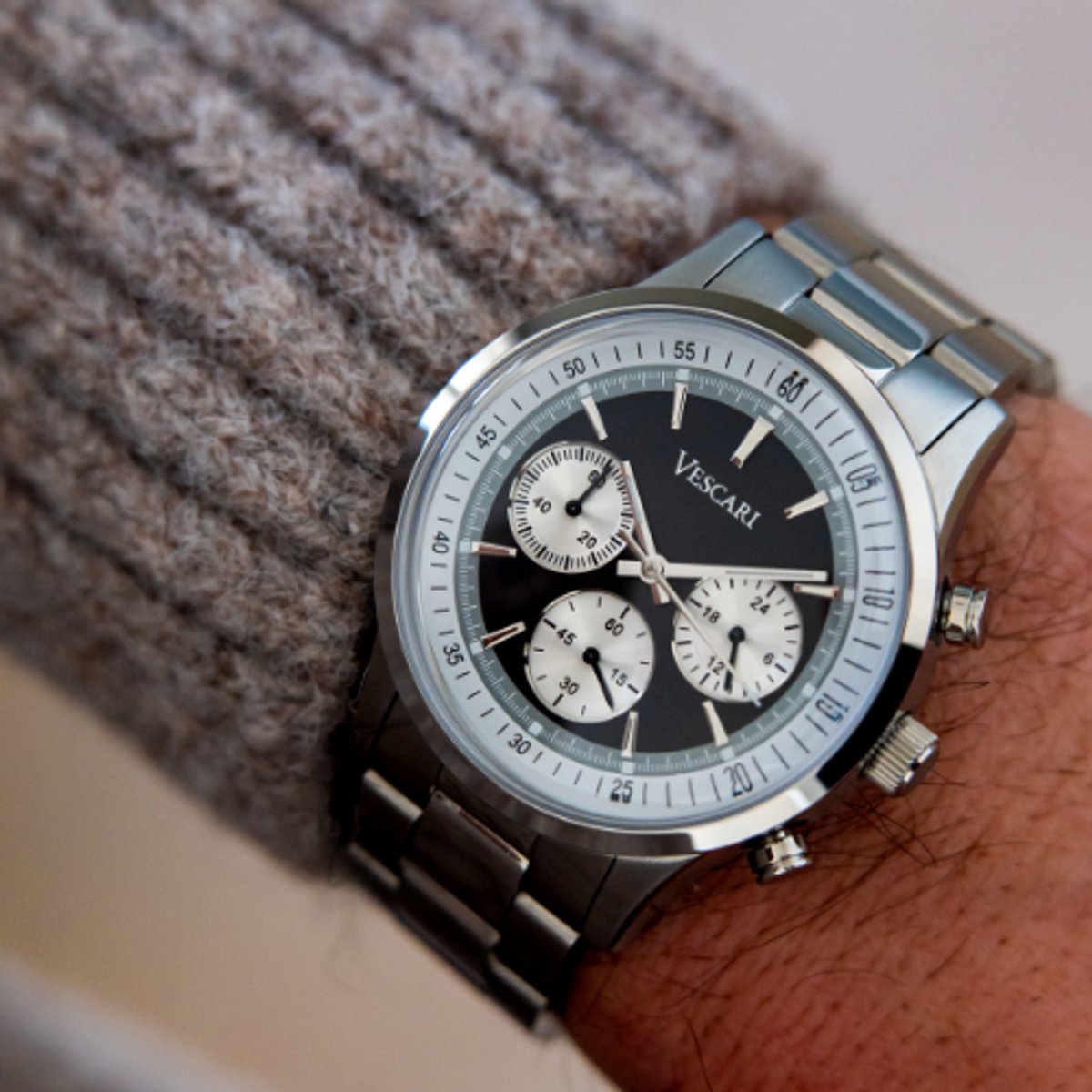 Heren Polshorloge - Vescari - Chronograaf - Zwarte wijzerplaat - Saffier glas - Limited Edition - Roestvrijstaal - Ø 40 mm