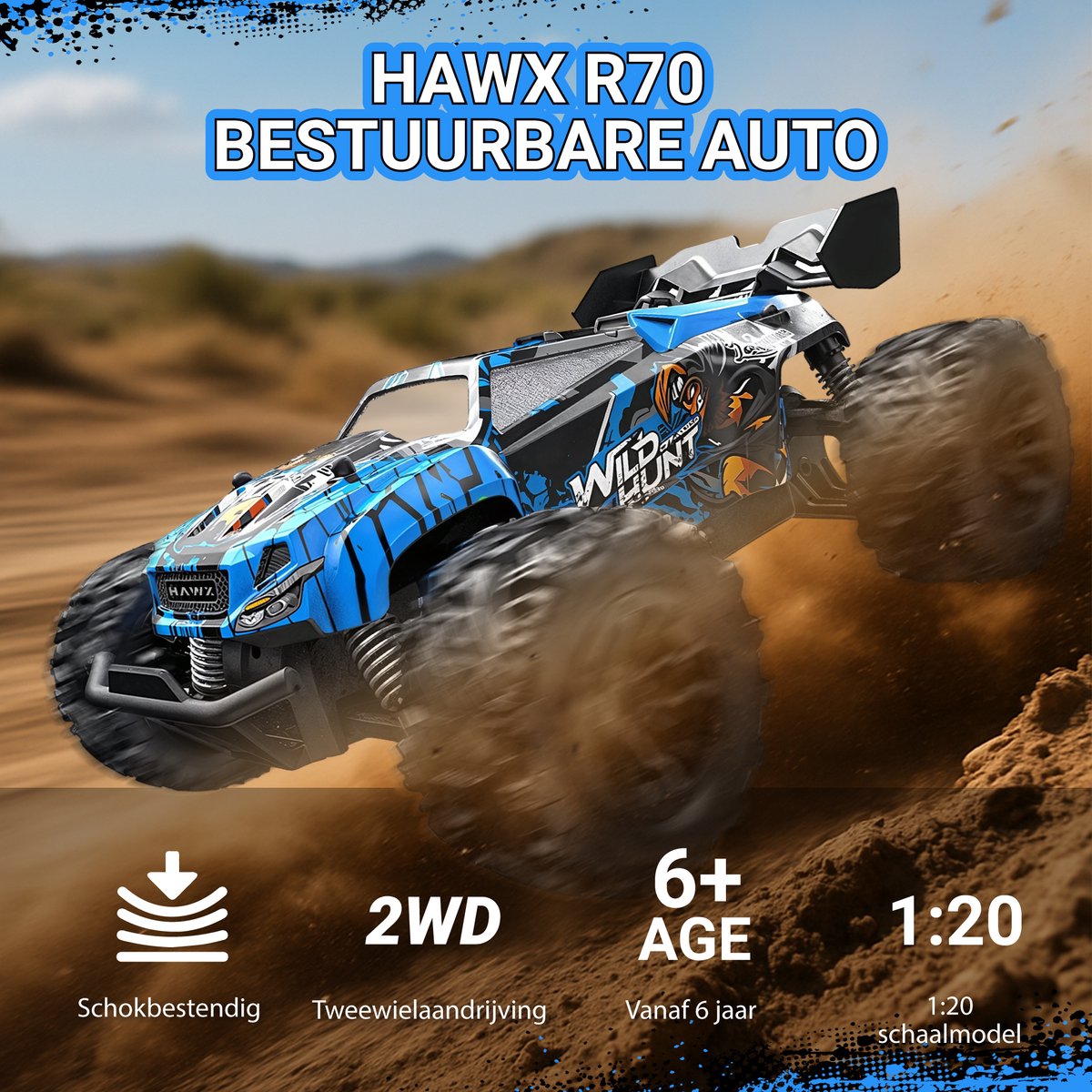 HAWX R70 Bestuurbare Auto - RC Auto - Race Auto - Monstertruck - Afstandsbestuurbare Auto - Volwassenen en Jongens - Voor Buiten - Incl. 3 Batterijen, 8 Verkeerskegels — afbeelding 3