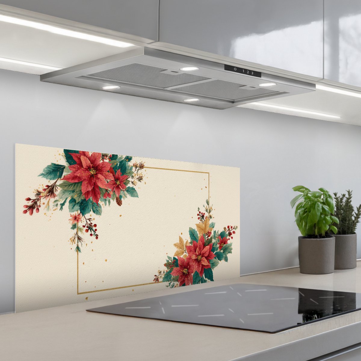 Spatscherm 90x45 cm - Zelfklevende achterwand Kerst - Poinsettia - Omlijsting - Kleurrijk - Keuken muurbeschermer - Spatwand fornuis