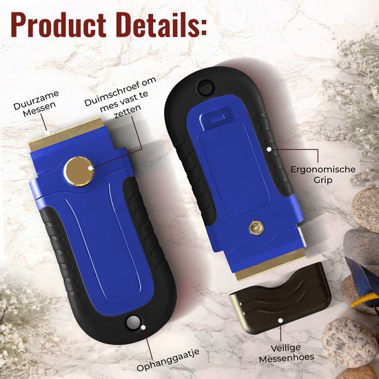 Blauwe en zwarte schraper met metalen mes, beschermkapje en een los mesje, met tekst 'Duurzame Messen', 'Duimschroef', 'Ergonomische Grip', 'Ophangaatje', 'Veilige Messenhoes'.